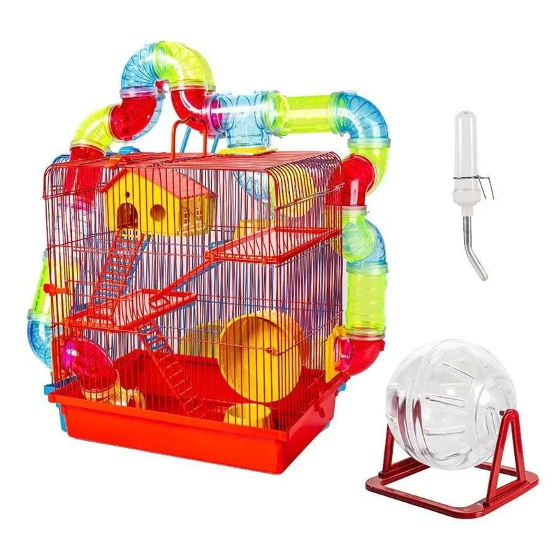 Gaiola Hamster Com Casa Grande 3 Andares Tubos - Vermelho