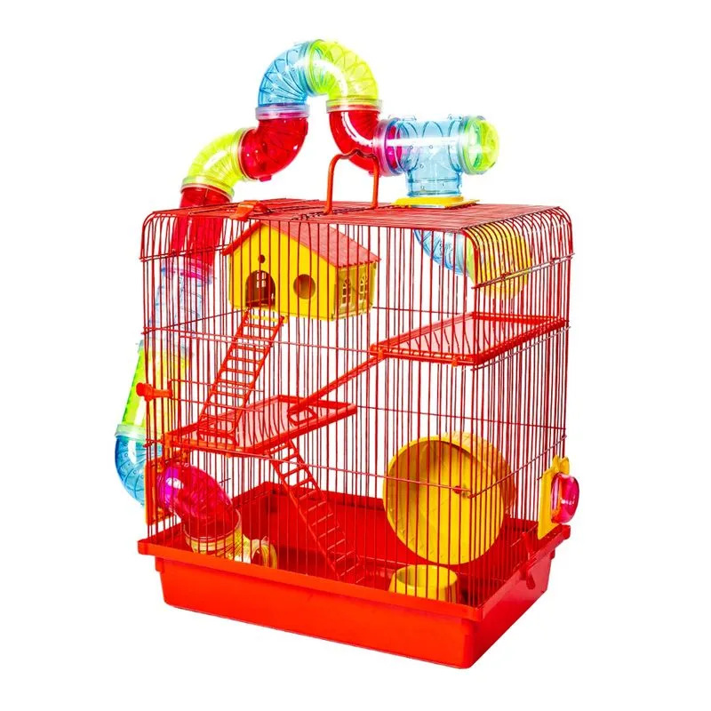 Gaiola para Hamster Tubo Super Luxo 3 Andares Vermelha