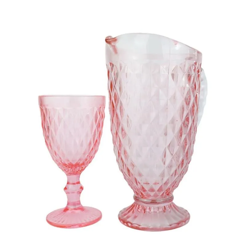 Kit De Jarra E Taça Vidro Rosa Verre Bico De Abacaxi 7pçs
