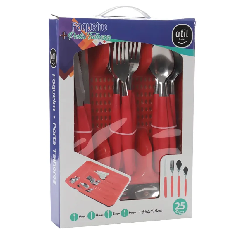 Faqueiro Inox com Porta Talheres Plástico 25 Peças Vermelho Útil Bazar RF389