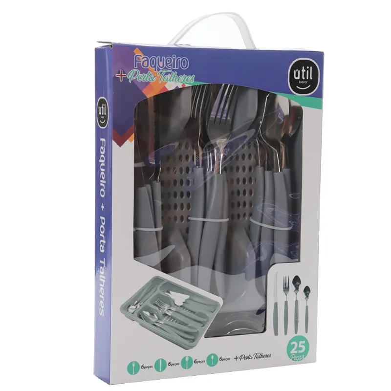 Faqueiro Inox com Porta Talheres Plástico 25 Peças Cinza Útil Bazar RF401