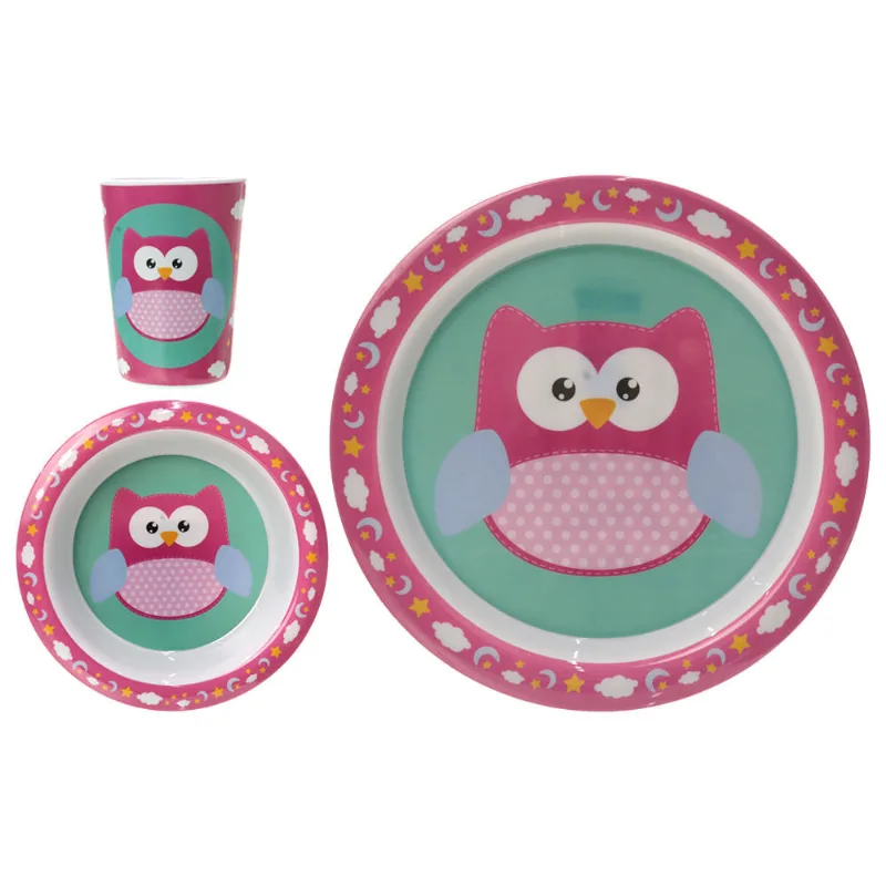 Kit Refeição Melamina Coruja 3 Peças Útil Bazar RF1056