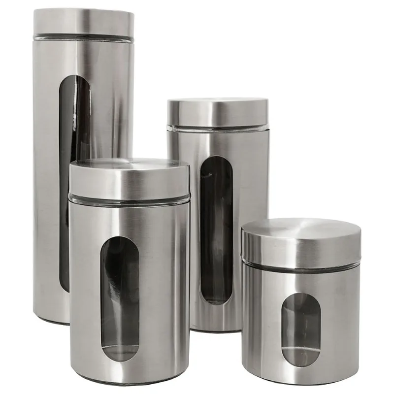 Jogo Potes Herméticos de Inox e Vidro Redondo 4 peças Útil Bazar 550ml RF1150