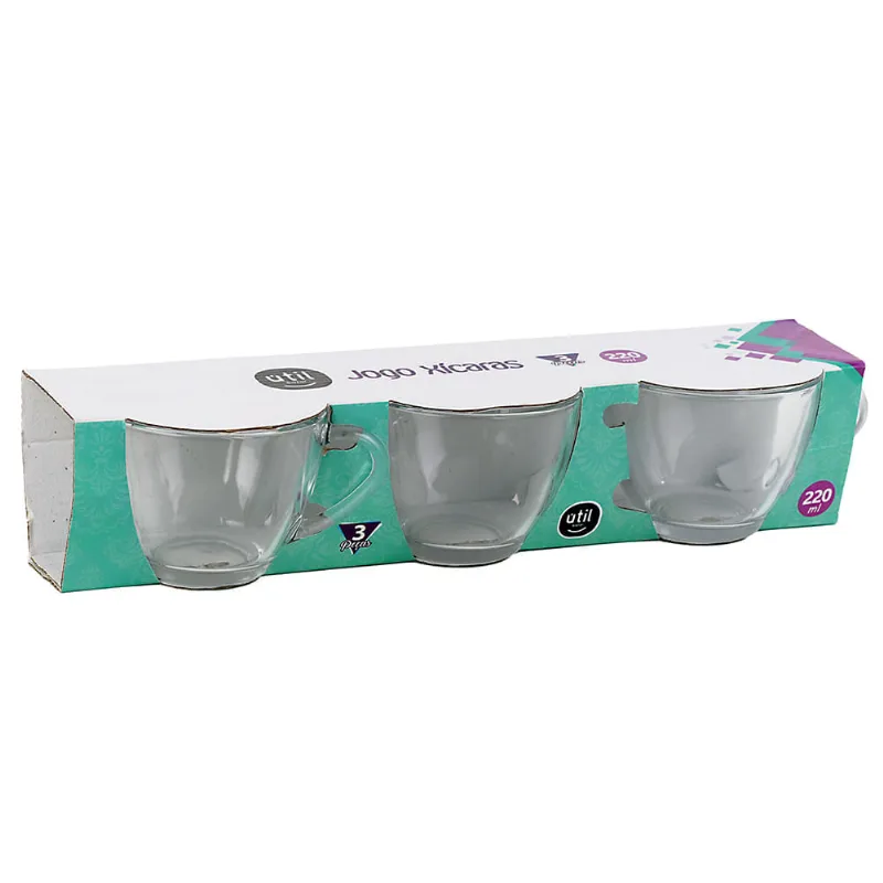 Jogo de Xícaras Vidro Cristal 3 peças Útil Bazar 220ml RF1289