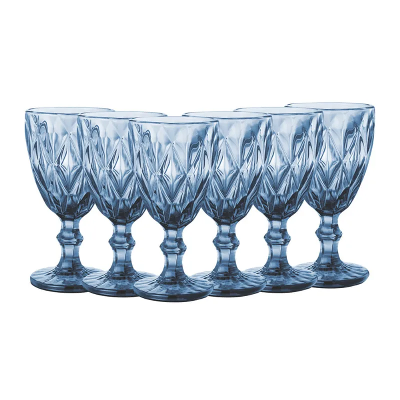 Jogo Taças Diamante Vidro 6 Peças Azul Útil Bazar 350ml DK5015BCCB6