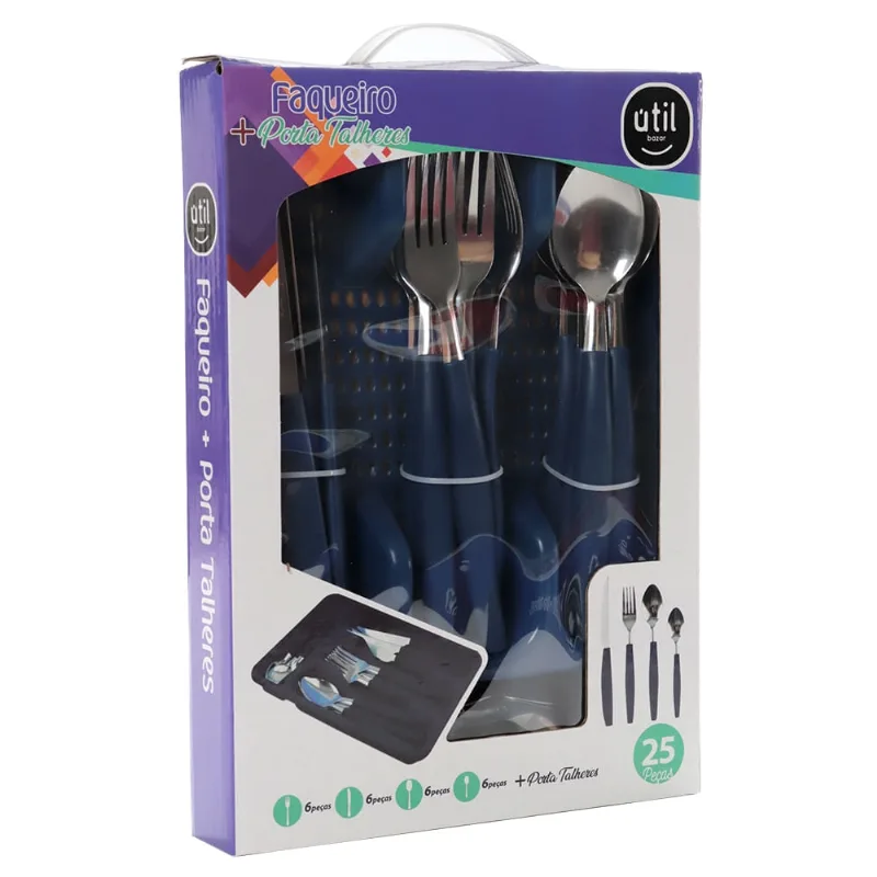 Faqueiro Inox com Porta Talheres Plástico 25 Peças Azul Útil Bazar RF393