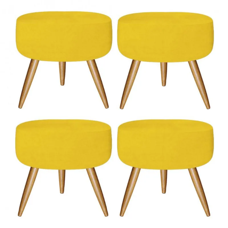 Kit 4 Puff'S Redondo Com Pés Madeira Suede Amarelo