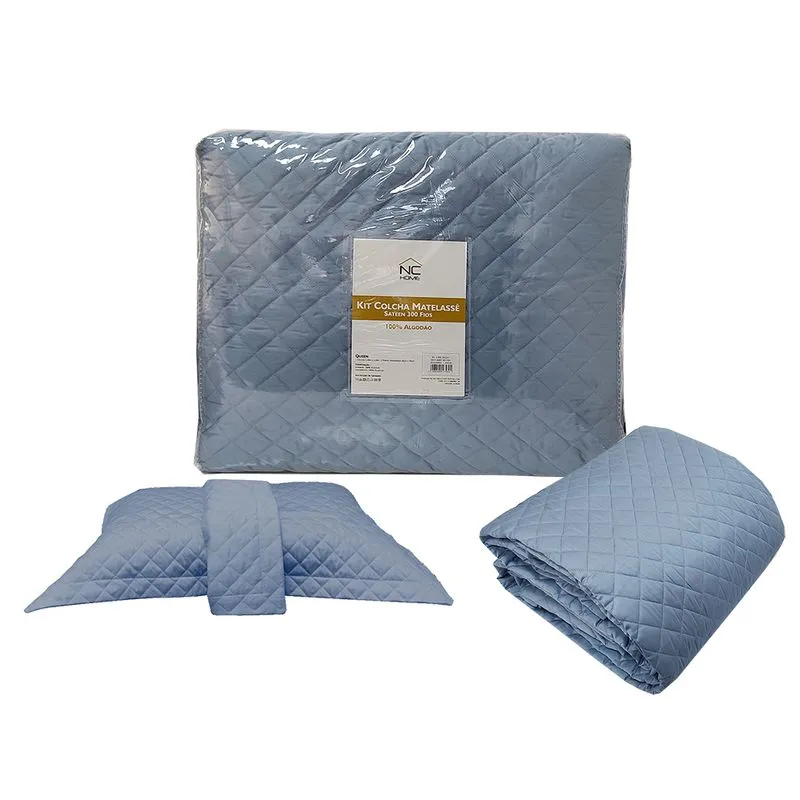 Kit 3pcs Colcha Matelasse 300 Fios Queen Azul
