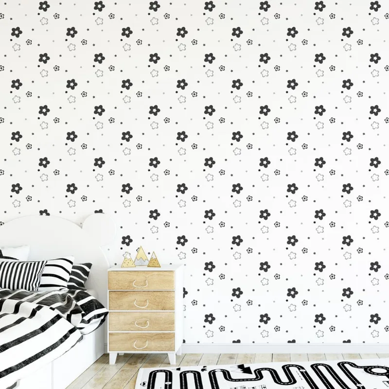 Papel de Parede Preto Floral para Quarto 57x270cm