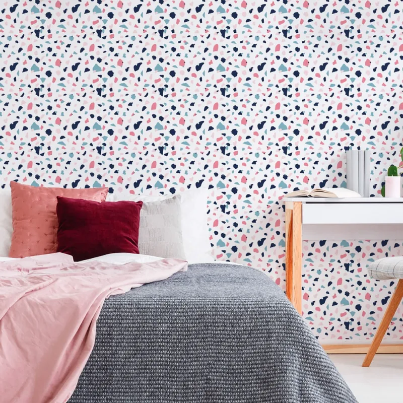 Papel de Parede Rosa e Azul Terrazzo 57x270cm