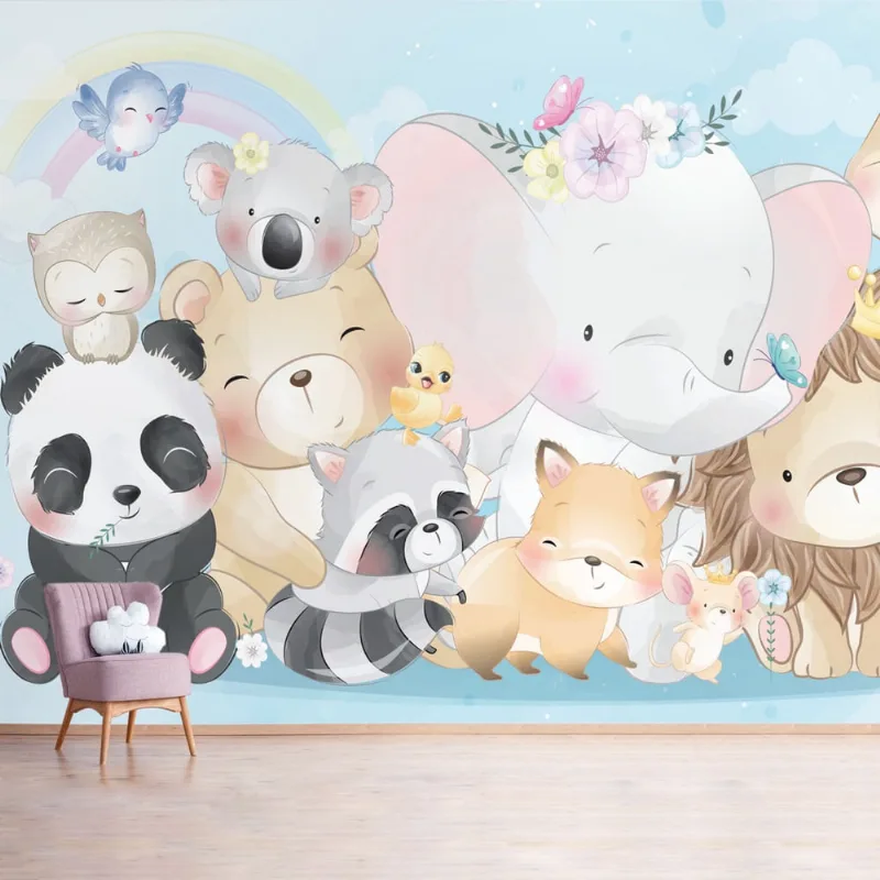 Papel de Parede Painel Infantil Animais Zoo Aquarela 6 rolos 9m²