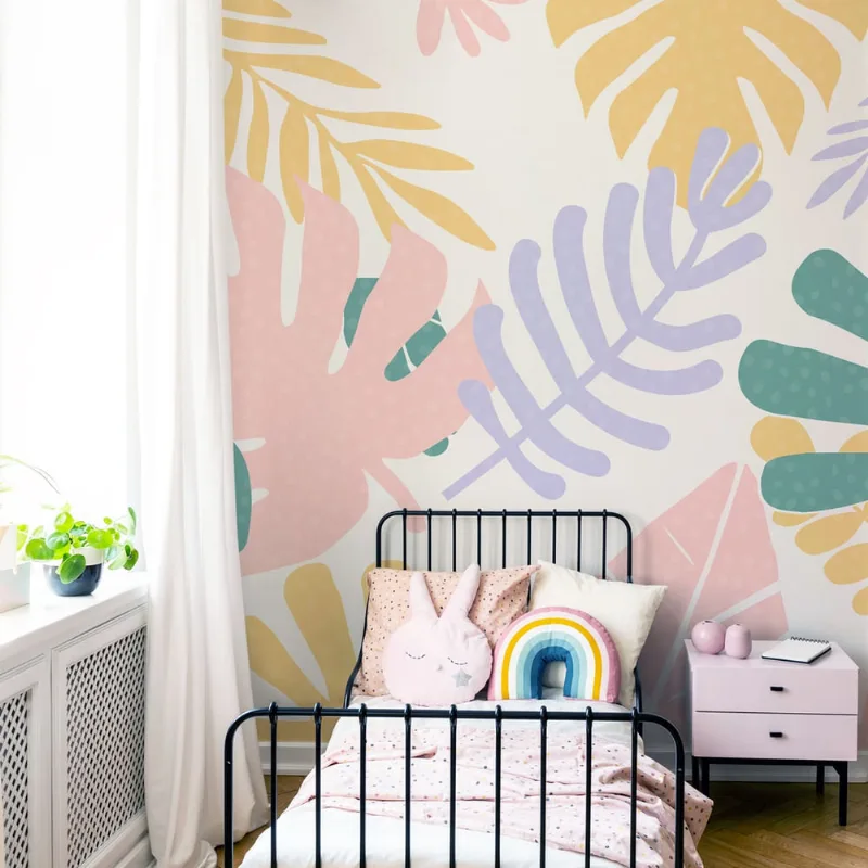 Papel de Parede Painel Folhagem Floral Tons Pasteis 4 rolos - 6m²
