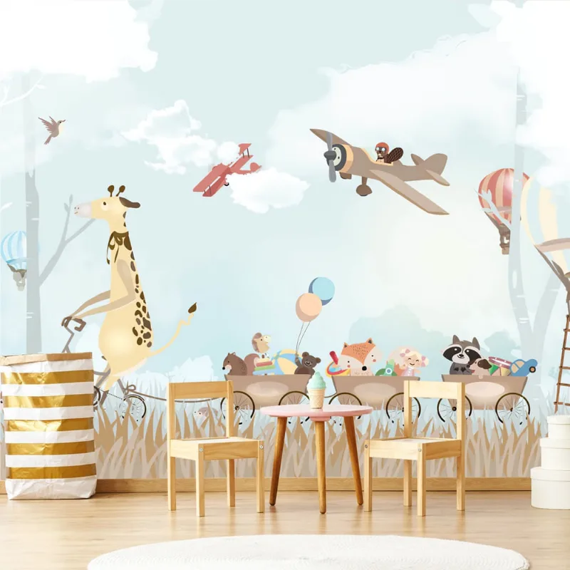 Papel de Parede Painel Infantil Animais Aviões 6 rolos - 9m²