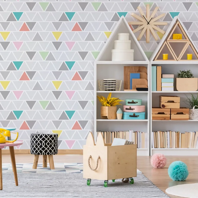 Papel de Parede Triângulo Cinza e Tons Pastéis rolo 57x270cm