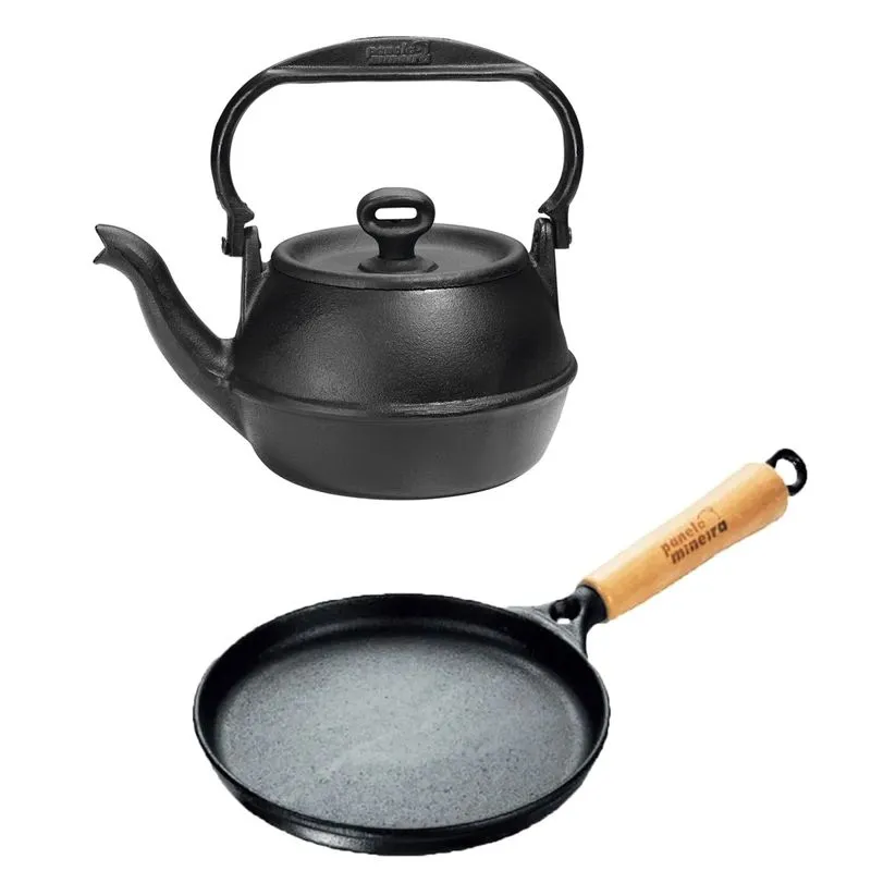 Kit Chaleira 2l Ferro Alça Ferro E Tapioca Cabo De Madeira