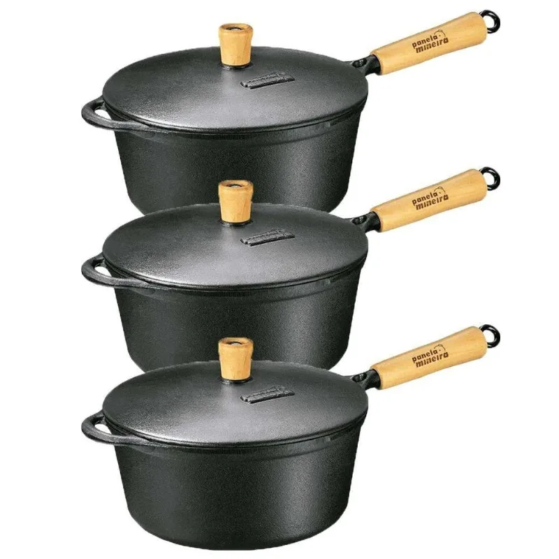 Kit Caçarolas 111+112+114-FUMIL Caçarola Ferro Fundido Tampa Ferro Fundido Cabo Madeira 1,7L 2,2L 4L