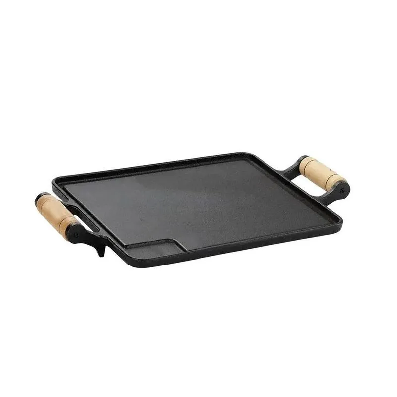 Bifeteira De Ferro Fundido Quadrada Alça Madeira 25X25Cm