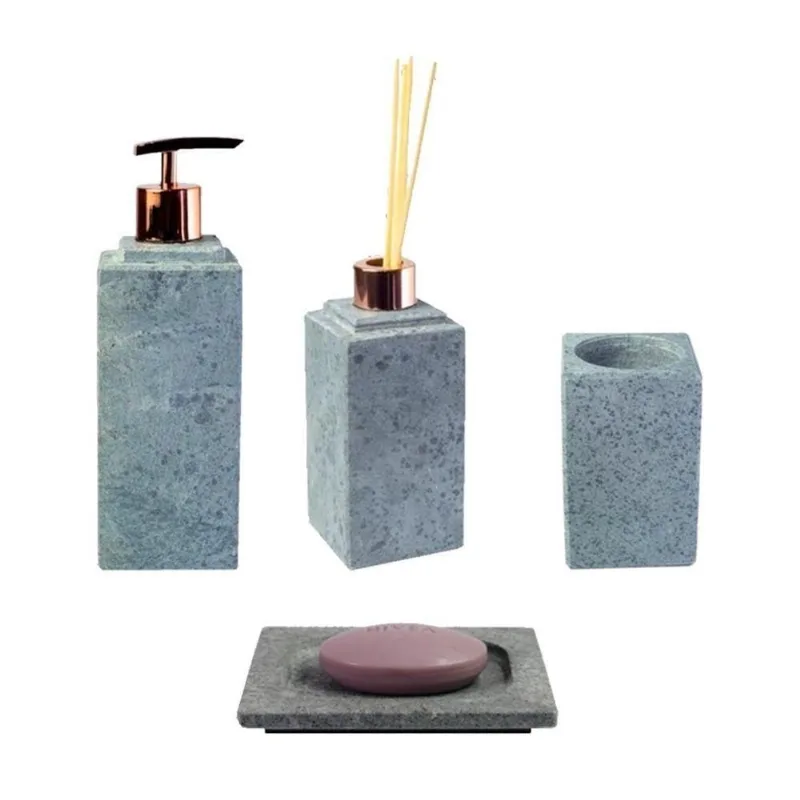 Kit Banheiro N04 Rosê Pedra Sabão Difusor Sabonete Líquido Escovas Treco Rosê Industria São