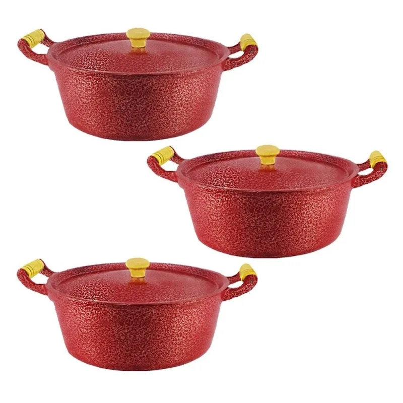 Kit 3 Caçarola Alumínio Craqueada Vermelha Alça Madeira 20Cm