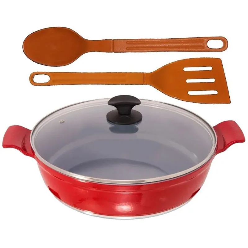 Frigideira 05 AA Vermelho Alumínio Cerâmico Antiaderente 2L 30cm com Tampa de Vidro Javali