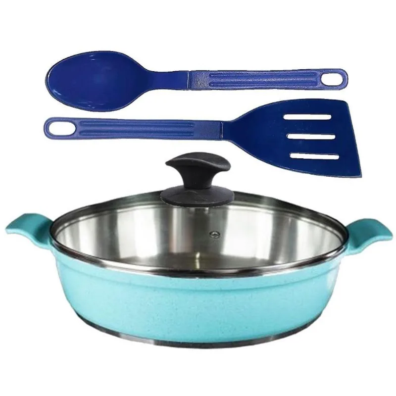 Frigideira 8eT01JAV Alumínio Usinado 30cm Azul Turquesa com Tampa de Vidro Temperado Javali