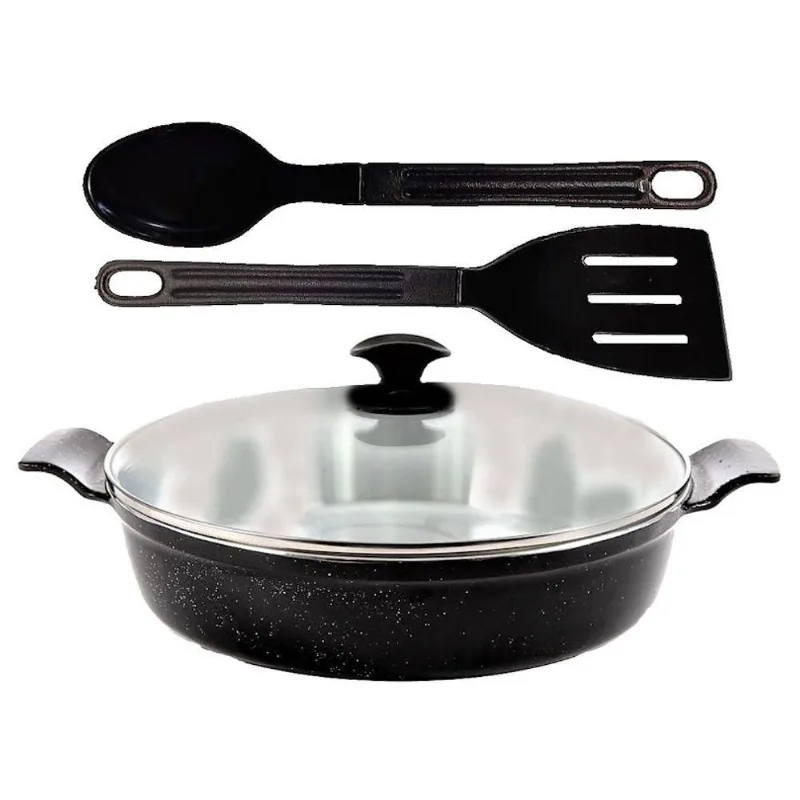 Frigideira Talher 02 AA 30cm Alumínio Fundido Preto Liso com Talheres em Nylon Javali