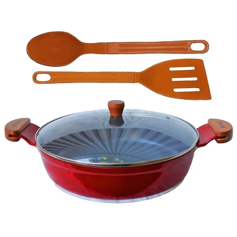 Frigideira 1871eT05JAV Antiaderente Alumínio Cerâmico 30cm Vermelho com Tampa de Vidro Javali