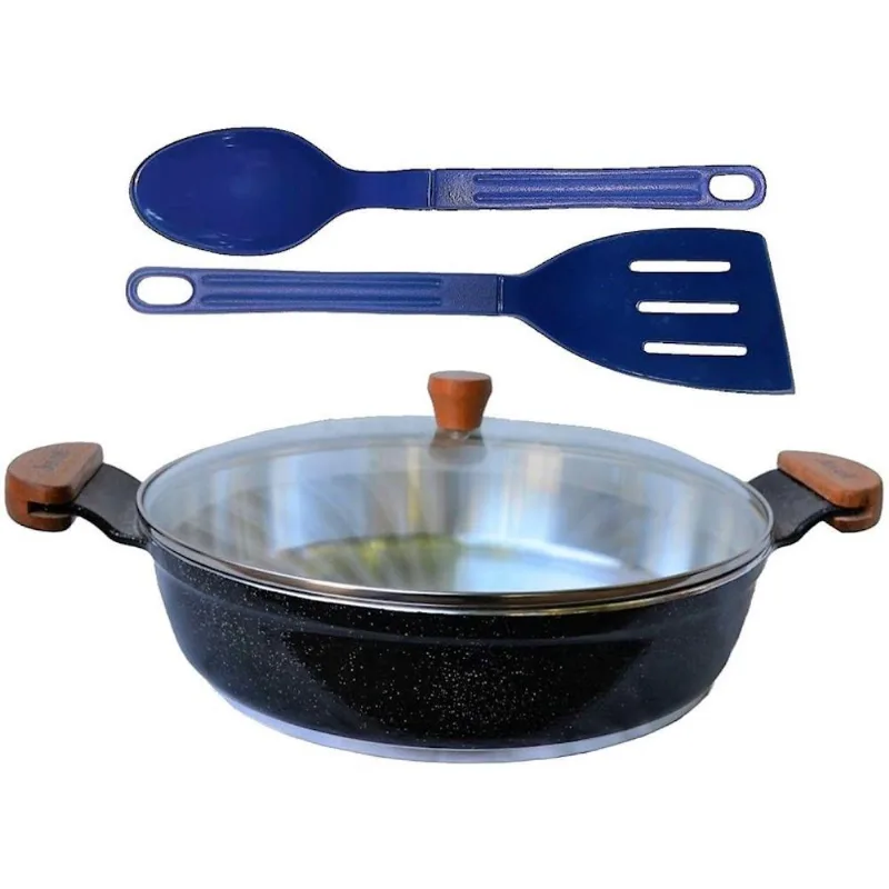 Frigideira 1228eT01JAV Alumínio Fundido Antiaderente 30cm Preto com Tampa de Vidro Temperado Javali