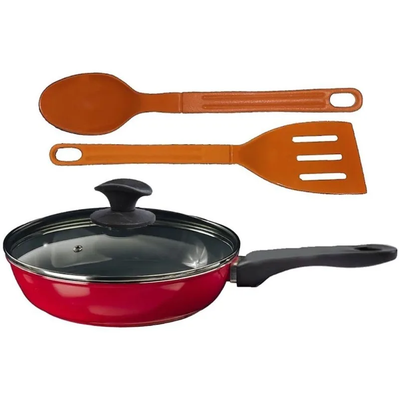 Frigideira 05 CB Vermelho Alumínio Cerâmica Antiaderente 16cm com Tampa Vidro e Talheres Javali
