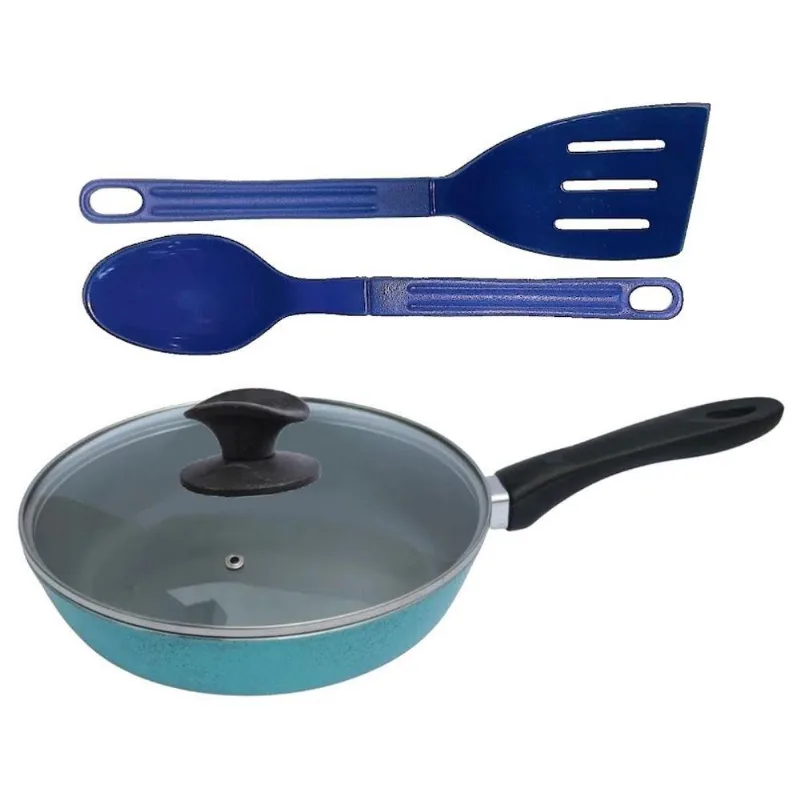 Frigideira 01 CB Antiaderente Alumínio Cerâmico 3,6L 24cm Azul com Tampa de Vidro Javali
