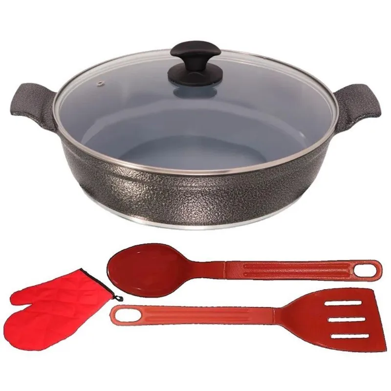 Frigideira Tluva 03 Alumínio Cerâmica Antiaderente 30cm Preto Craquelado com Tampa e Talheres Javali