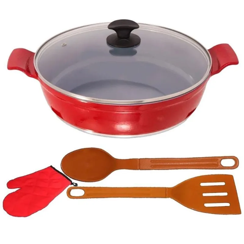 Frigideira Luva05 Vermelho Alumínio Cerâmica Antiaderente 2L 30cm com Tampa Vidro Javali