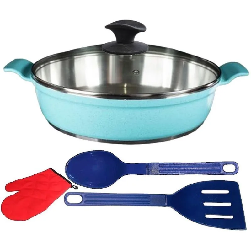 Frigideira Luva01 Alumínio Fundido Antiaderente 30cm Azul Turquesa com Tampa e Talheres Javali