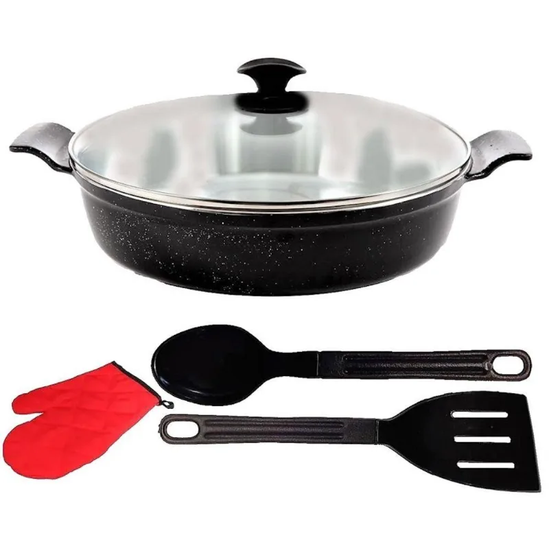 Frigideira 1227eTLuva02JAV Alumínio Fundido Preto Liso 30cm com Tampa de Vidro e Talheres Javali