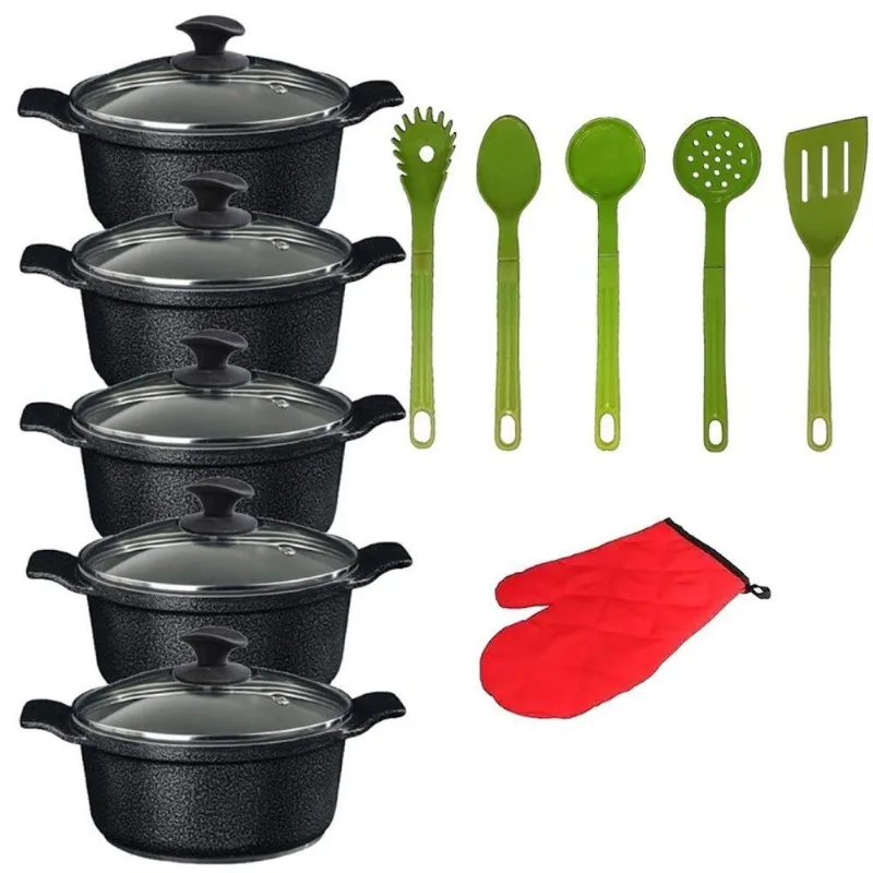 Jogo de Panelas AA1 Caçarola Cerâmica Antiaderente 16 a 24cm Preto com Talher Verde
