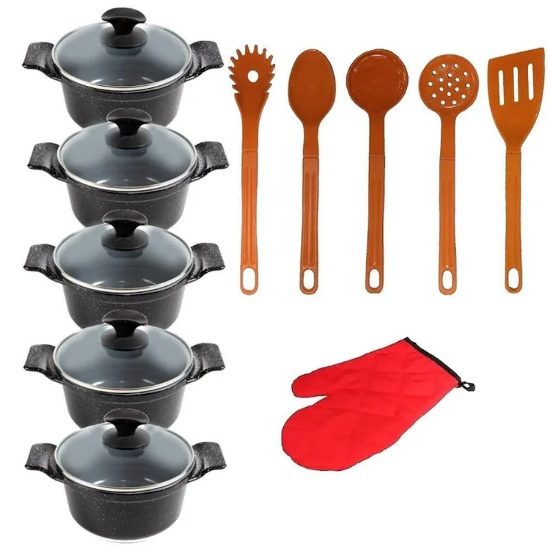 Jogo de Panelas AAL 16A24CM Cerâmica Antiaderente com Talheres Preto Javali