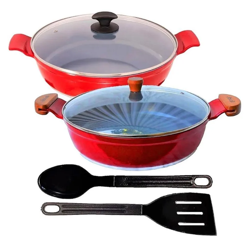 Jogo Frigideiras T02 N12 Antiaderente Ceramica Alumínio 30cm com Tampa Vidro e Talheres Nylon Javali