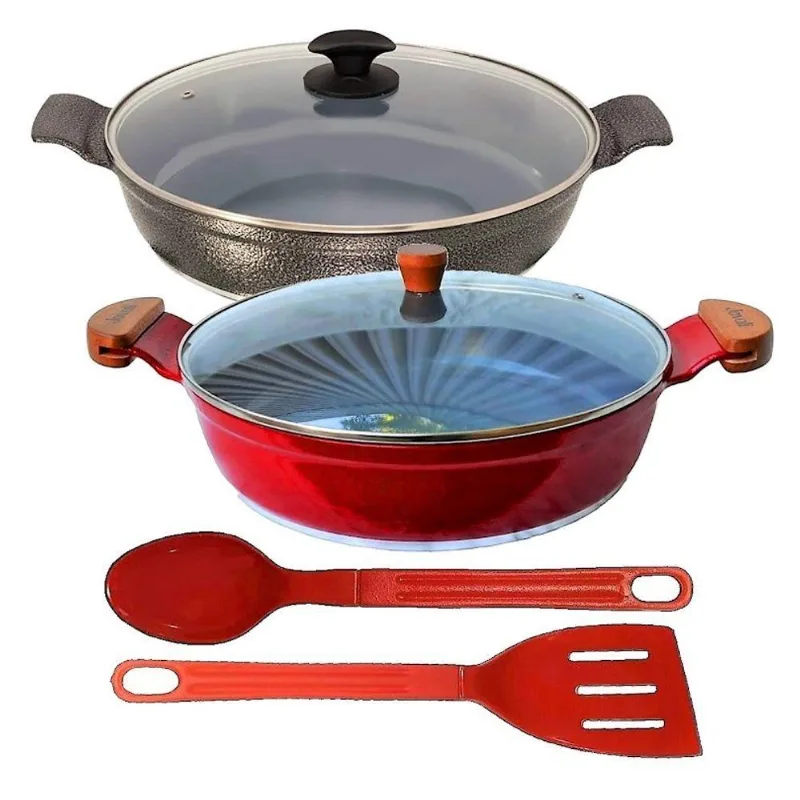 Jogo Frigideiras AAEAM 30CM T03 N02 Alumínio Cerâmico Antiaderente Preto Craqueado e Vermelho Javali