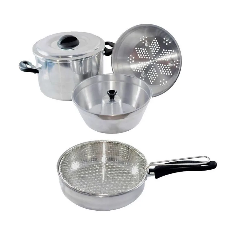 Conjunto Panela a Vapor Banho Maria 4x1 e Frigideira Cesto Alumínio 2,3L