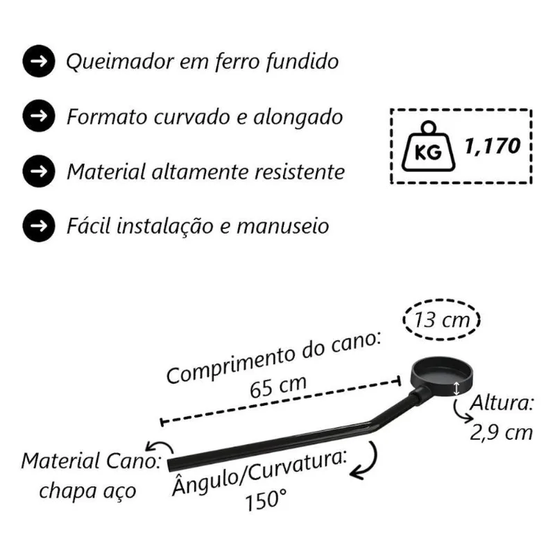 Queimador De Fogão Libaneza Palmatoria Longo Esquerdo Completo Ferro Fundido 13cm Bivolt Inox