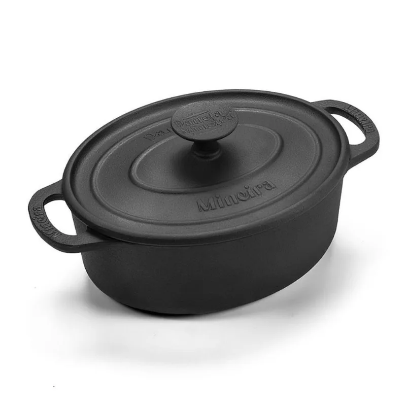 Caçarola Oval Estilo Preta Fundo Reto Ferro Fundido Pintado 5L Tampa Vedação Panela Mineira