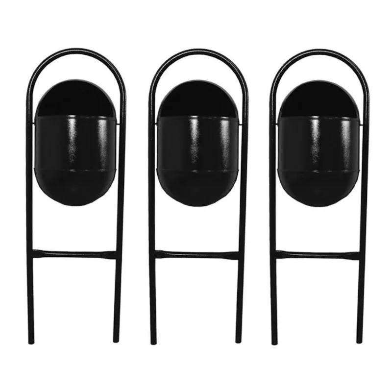 Kit 3 Lixeira Portugal Fechada Chapa Parque Calçada Rua 25L Preto Fixação no Chão Santa Edwirges