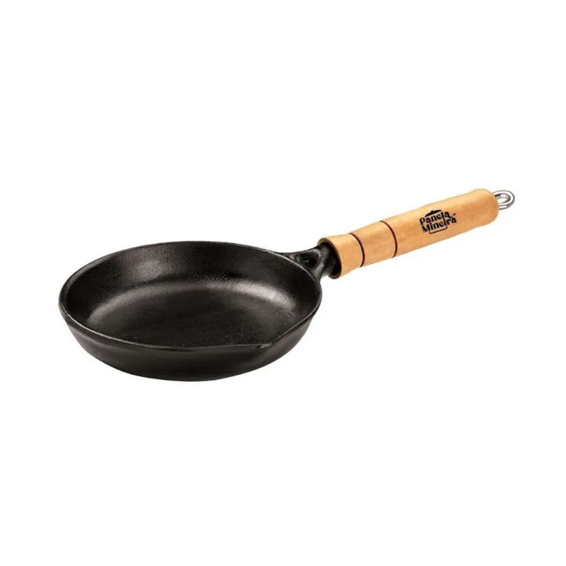 Frigideira Fast Egg Ferro Fundido 14CM Cabo Madeira Preta Panela Mineira