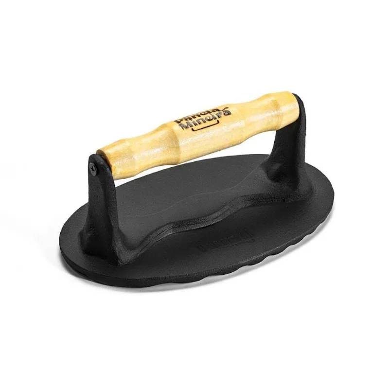 Prensador Oval Grill Ferro Fundido Alça de Madeira 18x11,5cm Panela Mineira