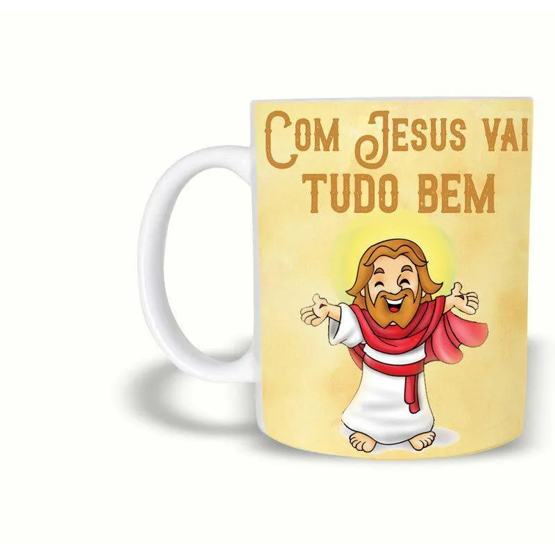 Caneca Evangélica | Com Jesus Vai Tudo Bem 325Ml Cerâmica