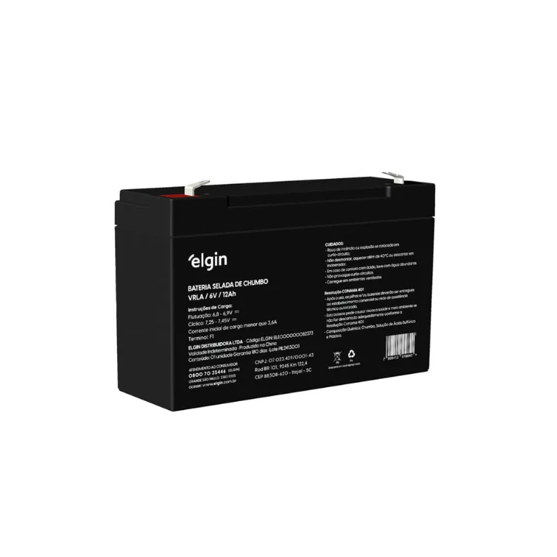 Bateria Selada de Chumbo VRLA - 6V 12Ah - Elgin