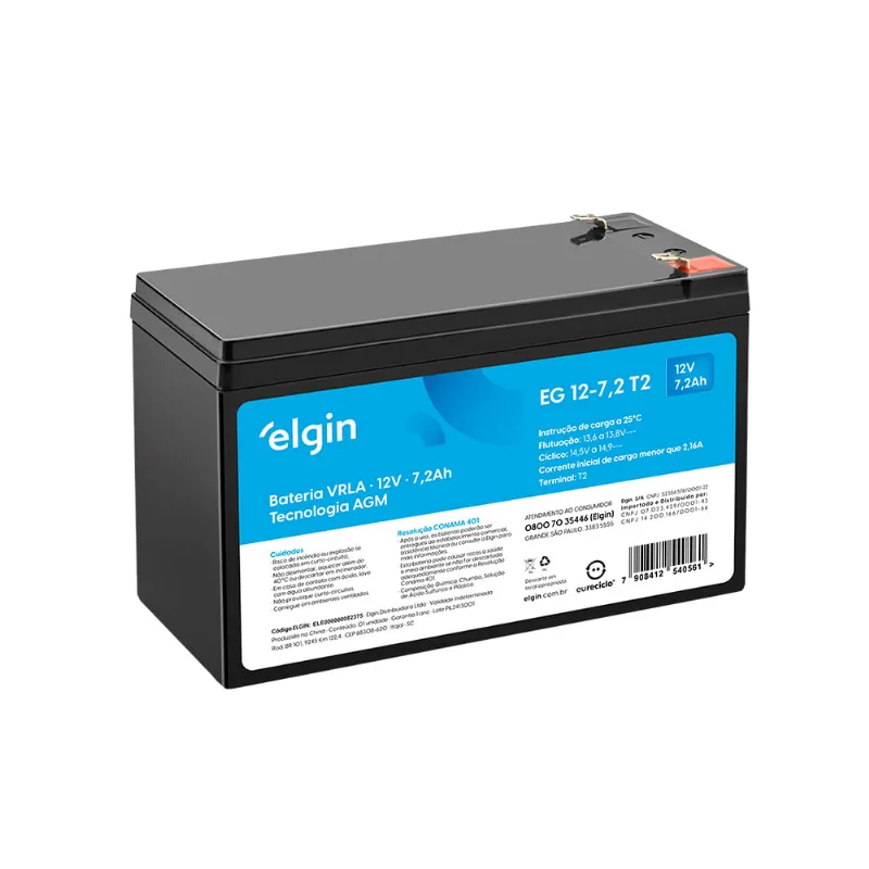 Bateria Selada VRLA-AGM - EG 12V 7,2Ah T2 - Elgin
