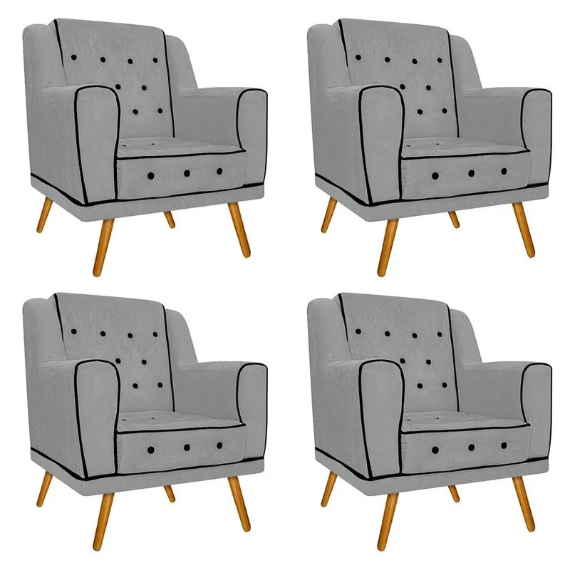 kit 04 Poltronas Olivia Pés Palito Mel Suede Cinza - ADJ Decor