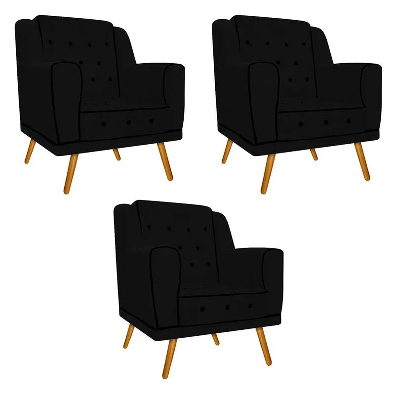 kit 03 Poltronas Olivia Pés Palito Mel Suede Preto - ADJ Decor
