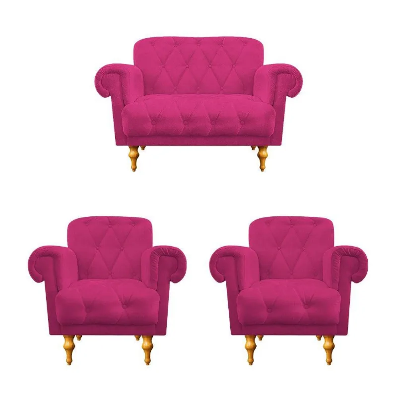 Kit 02 Poltronas e 01 Namoradeira Dani Suede Pink